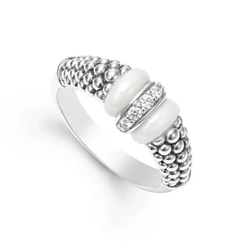 Women’s rings with twisted bands for style -Lagos White Caviar Ceramic & Diamond Ring