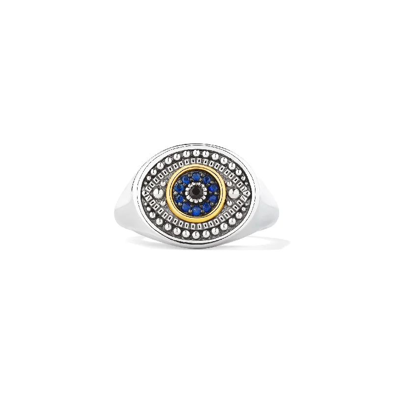 Women’s rings with labradorite for mystic flash -Little Luxuries Evil Eye Signet Ring with Black Sapphire, Blue Sapphire and 18K Gold