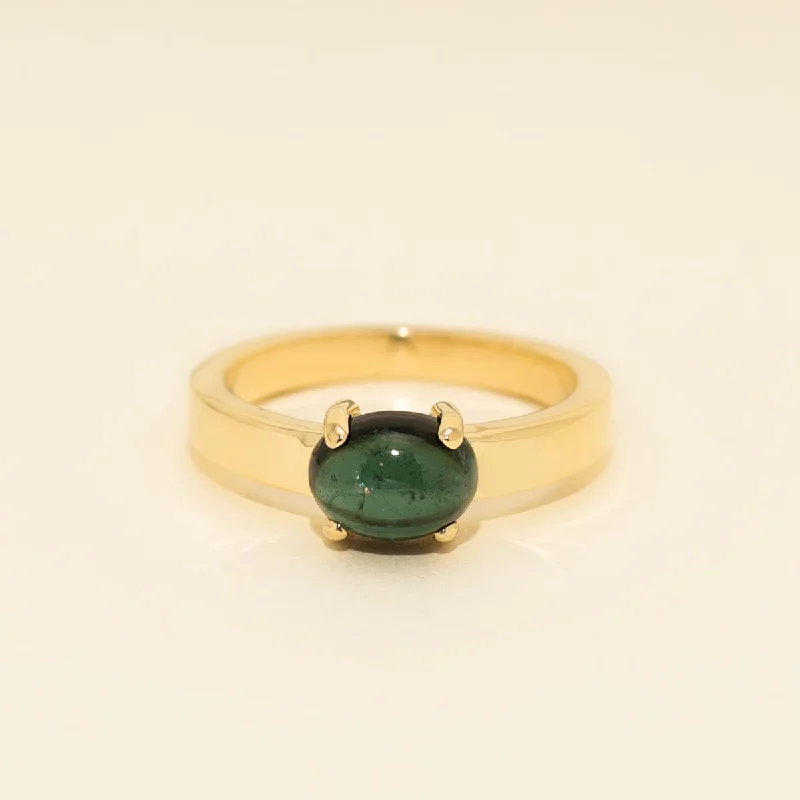 Women’s rings with tiger eye for boldness -Oval Cabachon Maine Green Tourmaline Ring in 14kt Yellow Gold