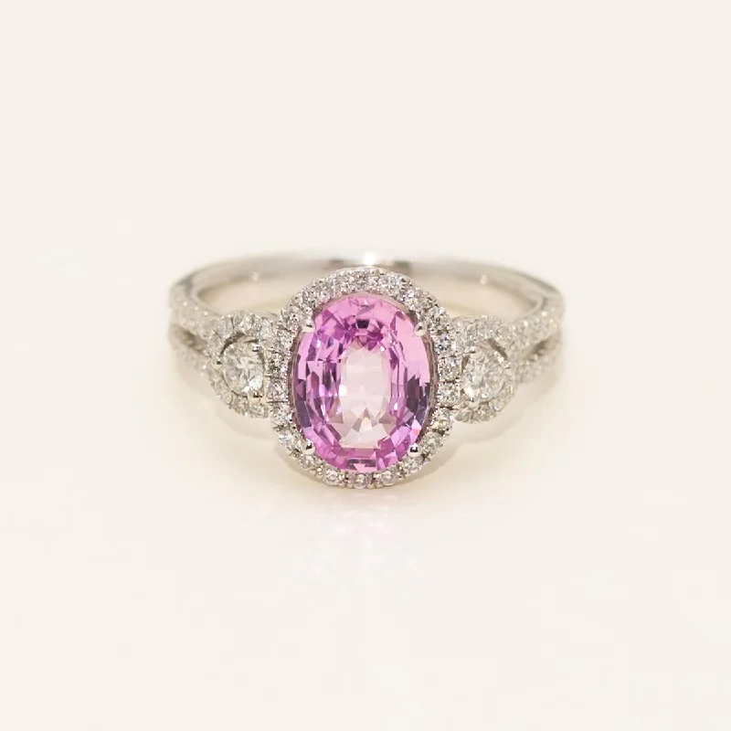 Women’s delicate rings with tiny sapphire accents -Oval Pink Sapphire Halo Ring in 18kt White Gold Diamonds (5/8ct tw)