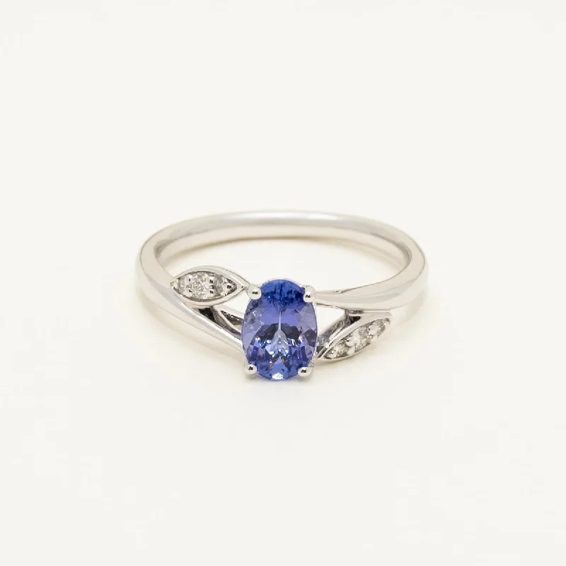 Women’s rings with natural turquoise for boho -Oval Tanzanite Ring in 14kt White Gold with Diamonds (1/10ct tw)