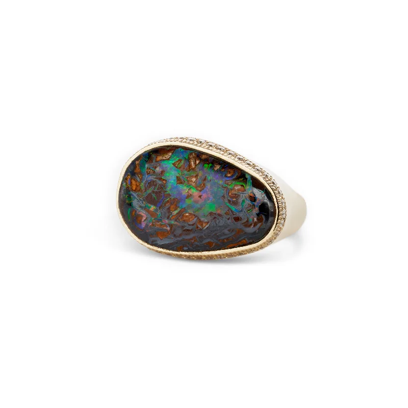 Women’s rings with spiral gold band twists -PAVE HORIZONTAL FREEFORM KOROIT OPAL RING