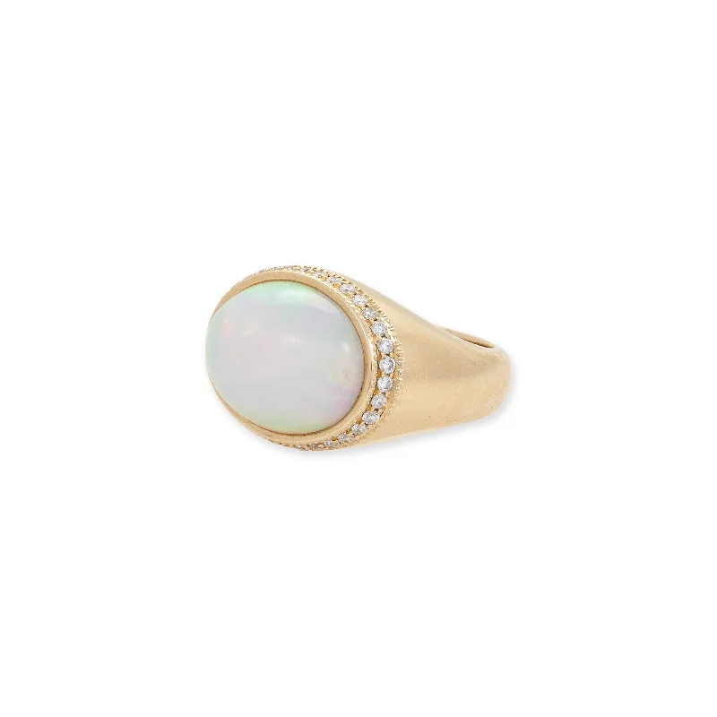 Women’s rings with sleek hematite for sheen -PAVE HORIZONTAL OVAL OPAL RING