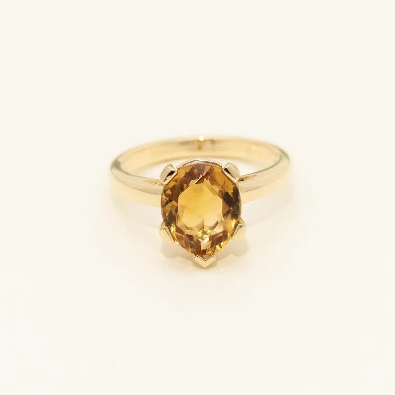 Women’s slim rings with pave sapphire accents -Pear Citrine Solitaire Ring in 14kt Yellow Gold