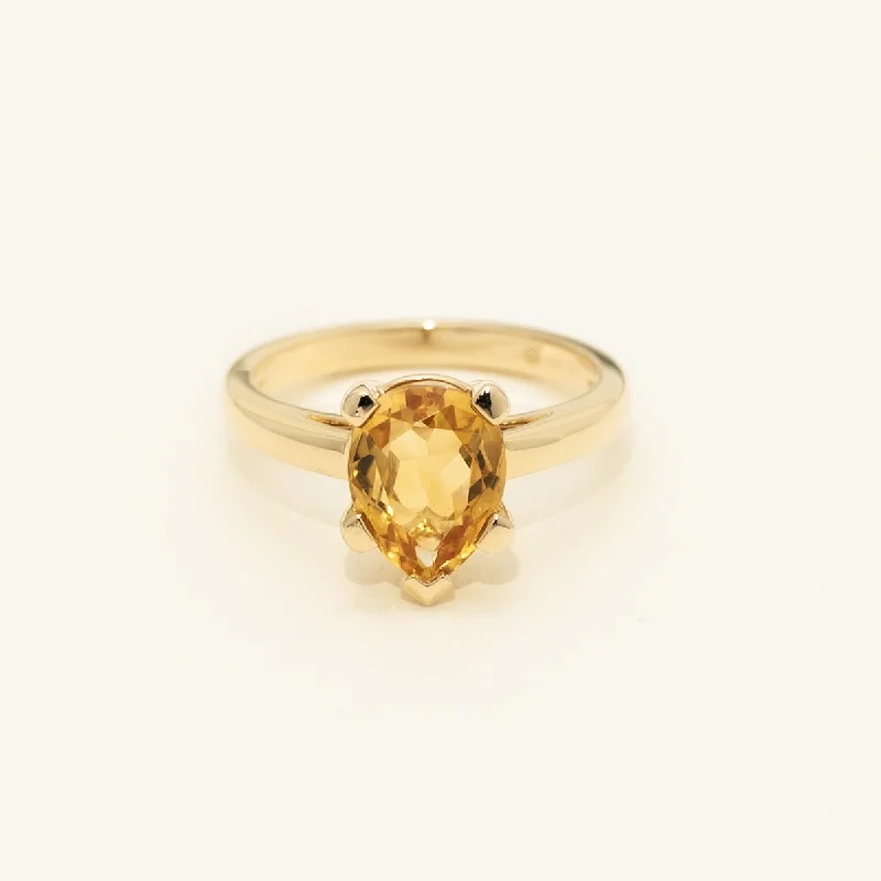 Women’s rings with fluorite stones for hues -Pear Citrine Solitaire Ring in 14kt Yellow Gold