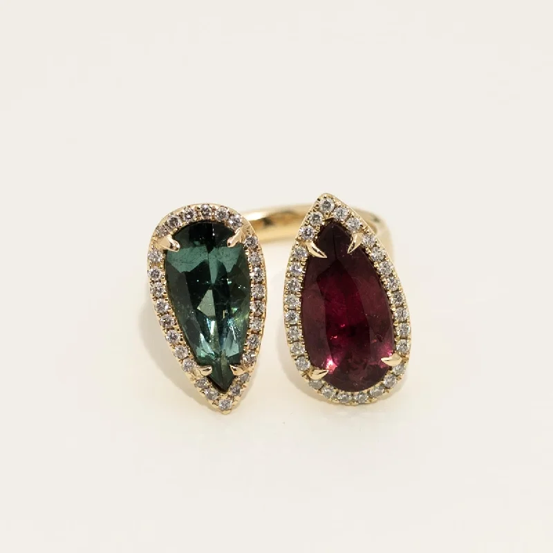 Women’s rings with pave topaz for dazzle -Pear Shape Pink and Indicolite Tourmaline Ring in 14kt Yellow Gold with Diamonds (1/3ct tw)