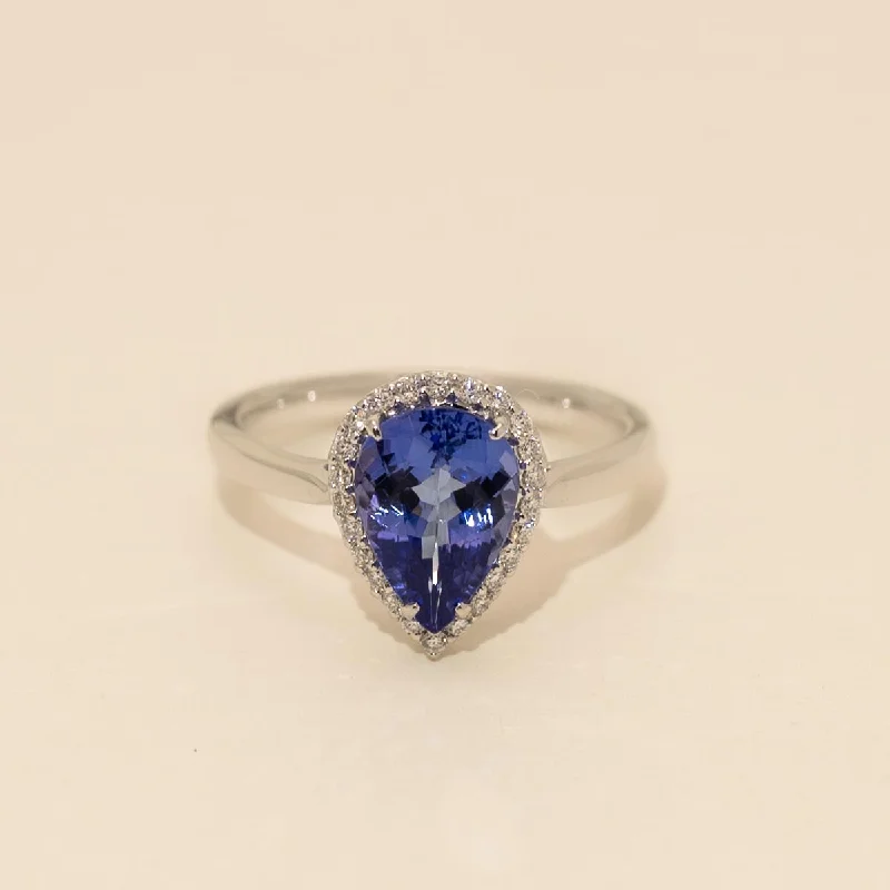 Women’s promise rings with subtle star engravings -Pear Shape Tanzanite Ring in 14kt White Gold with Diamonds (1/7ct tw)