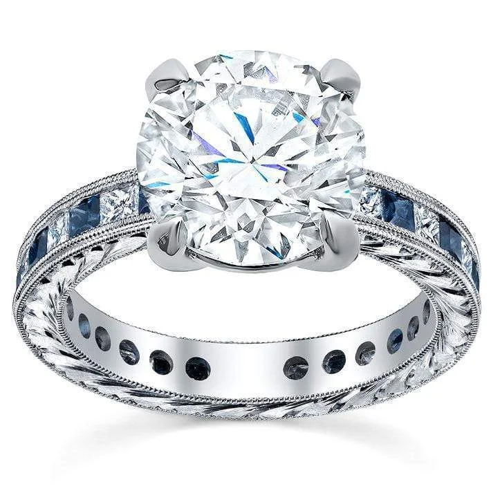 Women’s rings with rough sapphire for chic -Princess Diamond Accented Hand-Engraved Engagement Ring