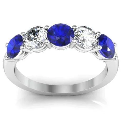 Women’s rings with peacock ore for iridescence -1.50cttw Shared Prong Blue Sapphire and Diamond Five Stone Ring