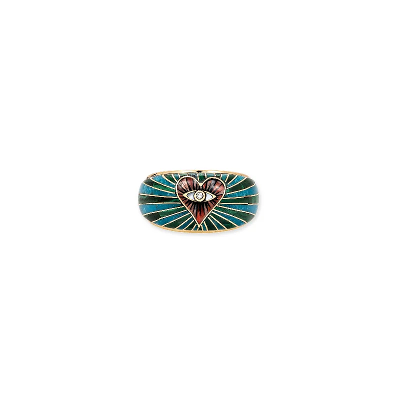 Women’s rings with bezel-set aquamarine gems -SPINY OYSTER EYE HEART + MALACHITE TURQUOISE BURST INLAY RING