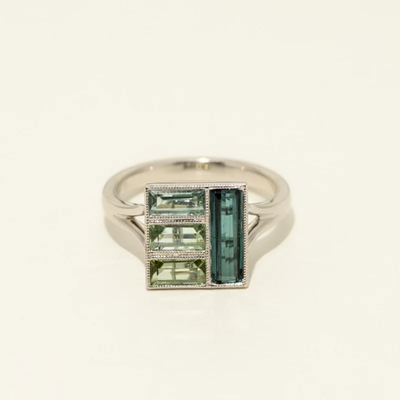 Women’s rings with etched wave band designs -Stained Glass Maine Indicolite and Green Tourmaline Ring in 14kt White Gold