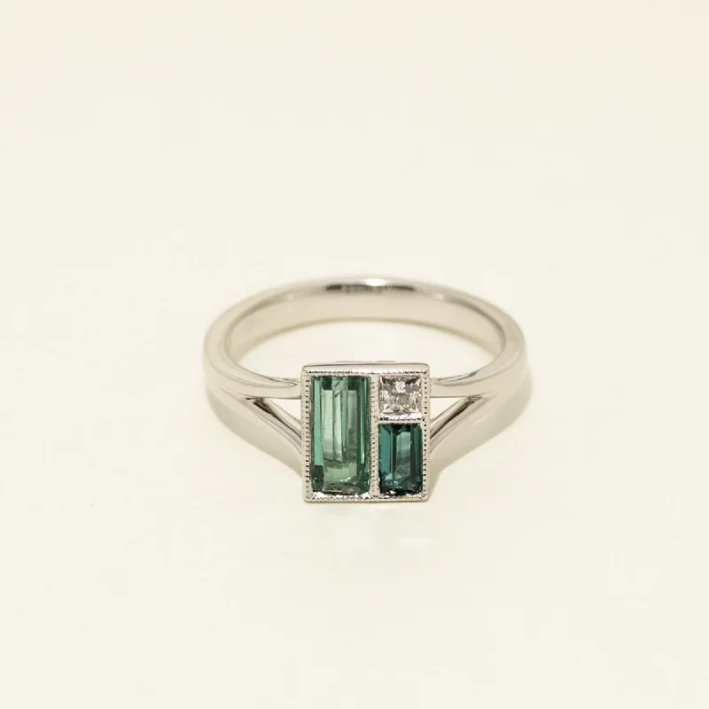 Women’s rings with matte silver for understated -Stained Glass Maine Indicolite Tourmaline Ring in 14kt White Gold with Diamond ( 1/10cttw )