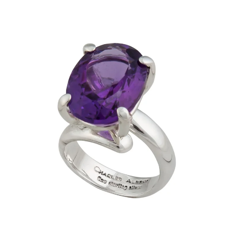 Women’s rings with tiger eye band warmth -Sterling Silver Oval Amethyst Prong Set Adjustable Ring