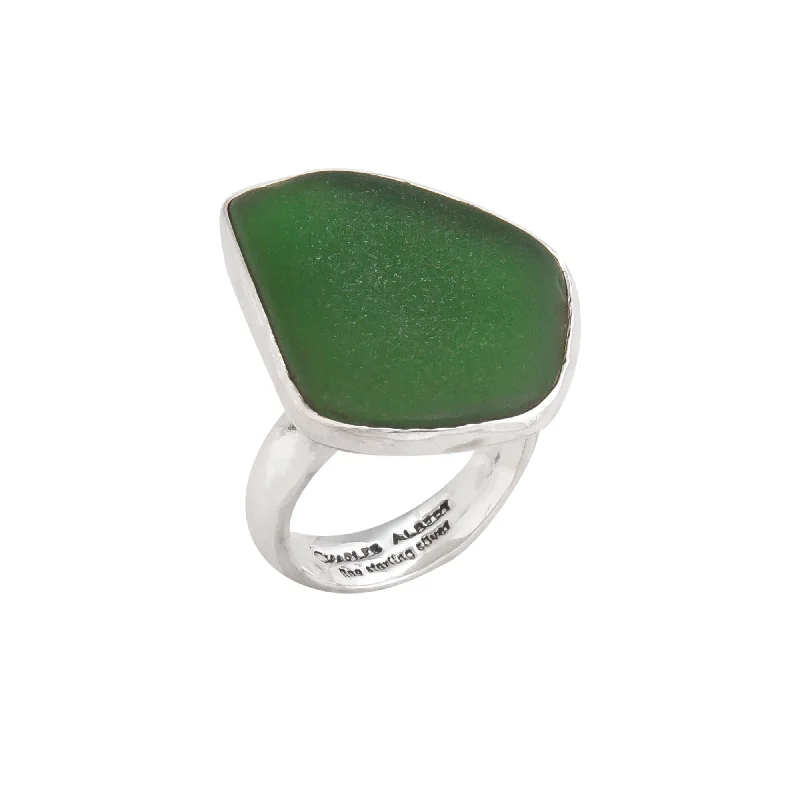 Women’s bridal rings with diamond halo settings -Sterling Silver Green Recycled Glass Adjustable Ring