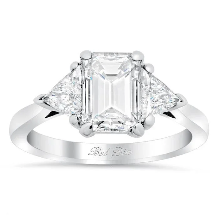 Women’s rings with etched wave band designs -Three Stone Emerald Cut & Trillion Moissanite Forever One Engagement Ring