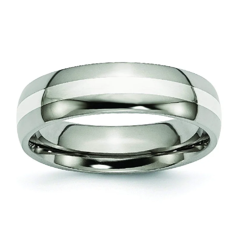 Women’s vintage-style rings with oxidized finish -Titanium Ring  Silver Inlay High Polish Finish in 6mm