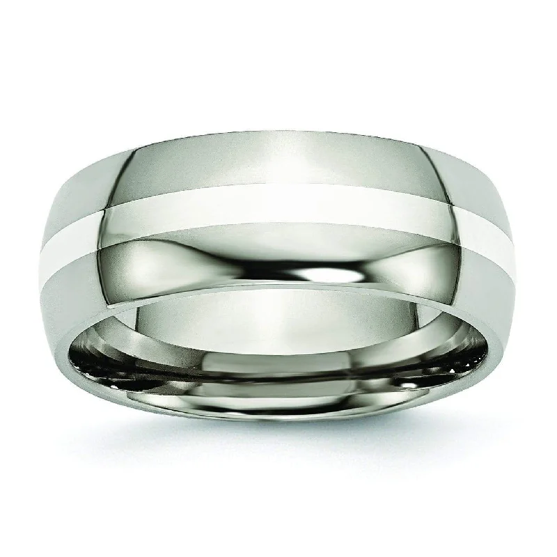 Women’s rings with stretch bands for ease -Titanium Ring  Silver Inlay High Polish Finish in 8mm