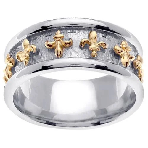 Women’s rings with etched wave band designs -Two Tone Fleur de Lis Platinum and Gold Handmade Ring