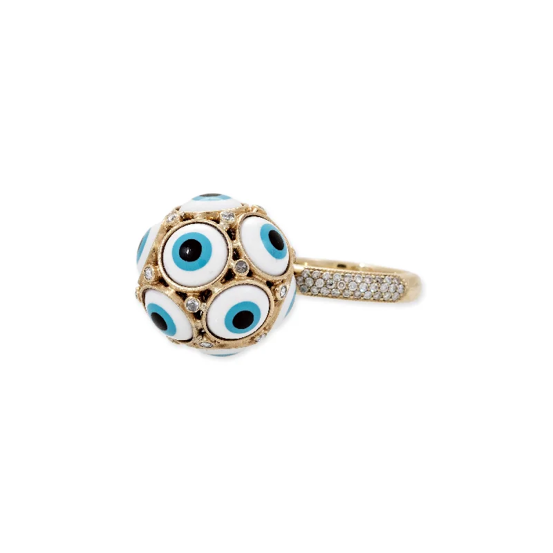 Women’s rings with mosaic opal for art -WHITE CERAMIC EYE + ROSE CUT DIAMOND SPHERE PAVE RING