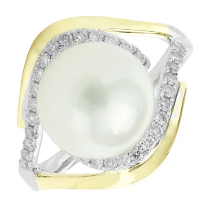 Women’s rings with rainbow moonstone for play -White South Sea Pearl Ring in 14kt White and Yellow Gold with Diamonds (1/3ct tw) (10-11mm pearl)