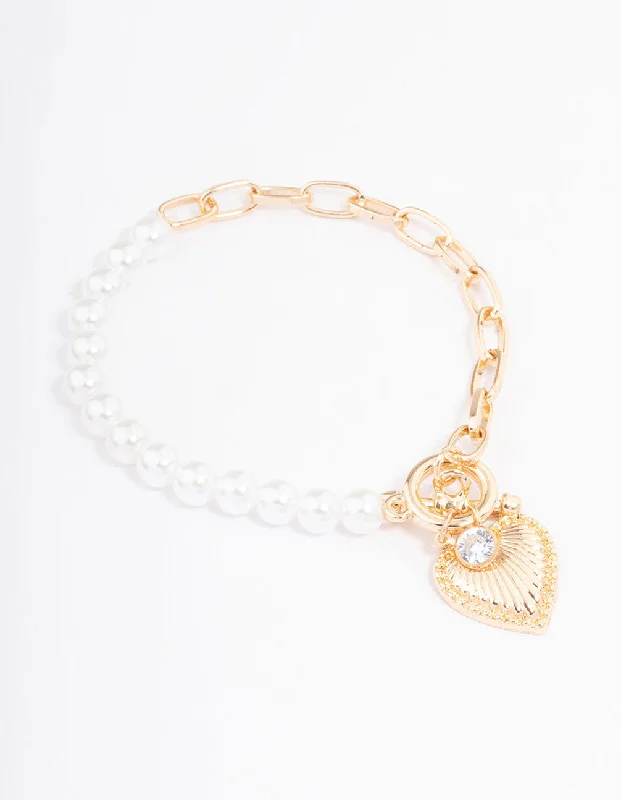 Bangles with blue quartz for cool tones -Gold Pearl Chain Heart Bracelet