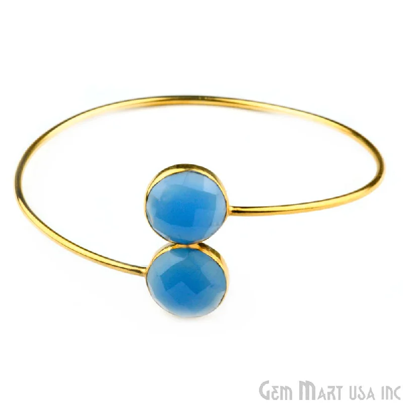 Bracelets with starburst topaz for radiant beauty -Blue Chalcedony 14mm Round Shape Adjustable Interlock Gold Plated Stacking Bangle Bracelet