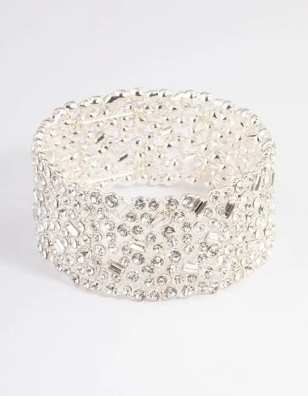 Bangles with chunky designs for statement wear -Silver Embellished Stone Stretch Bracelet