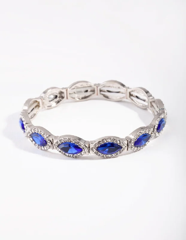 Bangles with herkimer diamonds for raw clarity -Rhodium Marquise Blue Diamante Stretch Bracelet