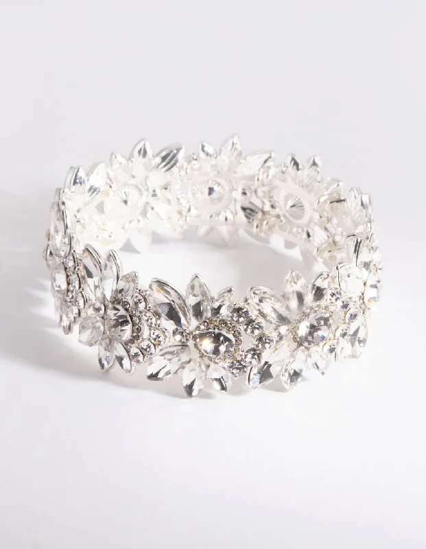 Vintage bangles with intricate filigree metalwork -Silver Diamante Flower Stretch Bracelet