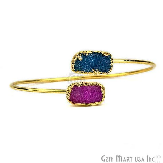 Bangles with raw sapphire for rugged chic -Elegant Adjustable Double Druzy Gemstone Bangle Bracelet