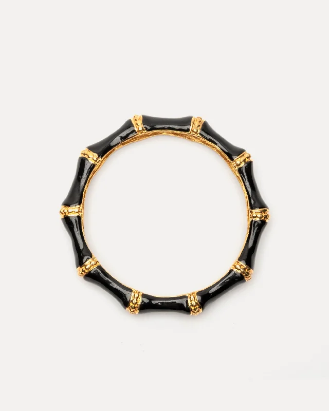 Bracelets with open cuff for easy wear -Enamel Bamboo Bangle Bracelet Black Gold