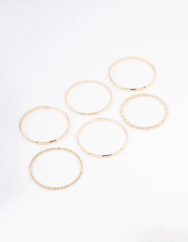 Bracelets with woven leather for rustic style -Gold Twisted & Plain Bracelet 6-Pack