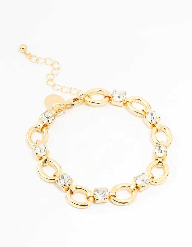 Bracelets with adjustable chains for perfect fit -Gold Alternating Oval & Crystal Bracelet