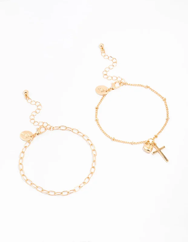 Bracelets with matte rose gold for subtlety -Gold Chain Cross & Heart Bracelets 2-Pack