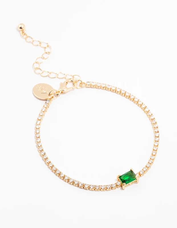 Bracelets with tiger eye for warm bands -Gold Plated Emerald Baguette & Round Tennis Cup Chain Bracelet