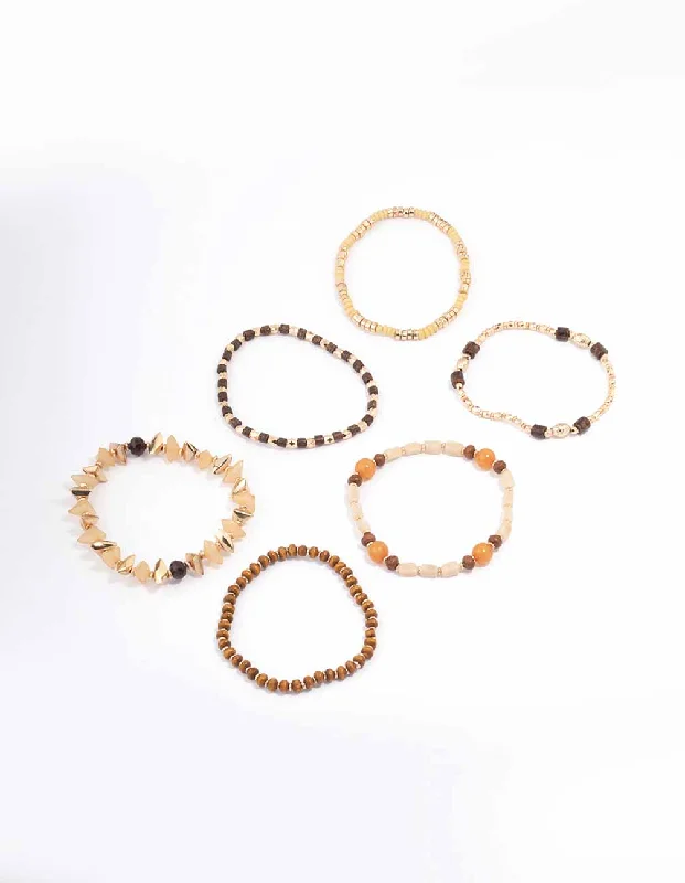 Bracelets with floral sapphire for romantic glow -Gold Mixed Beaded Stretch Bracelet 6-Pack