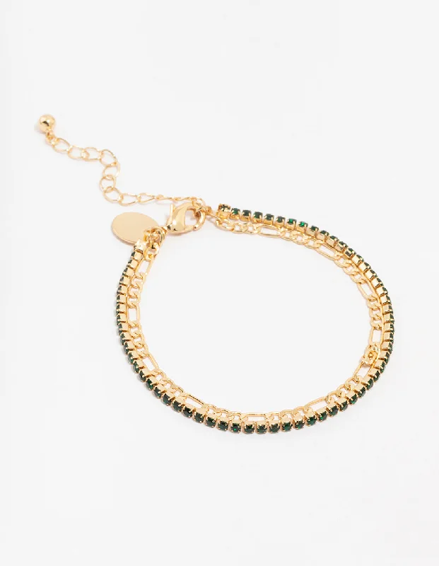 Bracelets with spiral designs for eye-catching twist -Gold Plated Double Chain & Crystal Bracelet