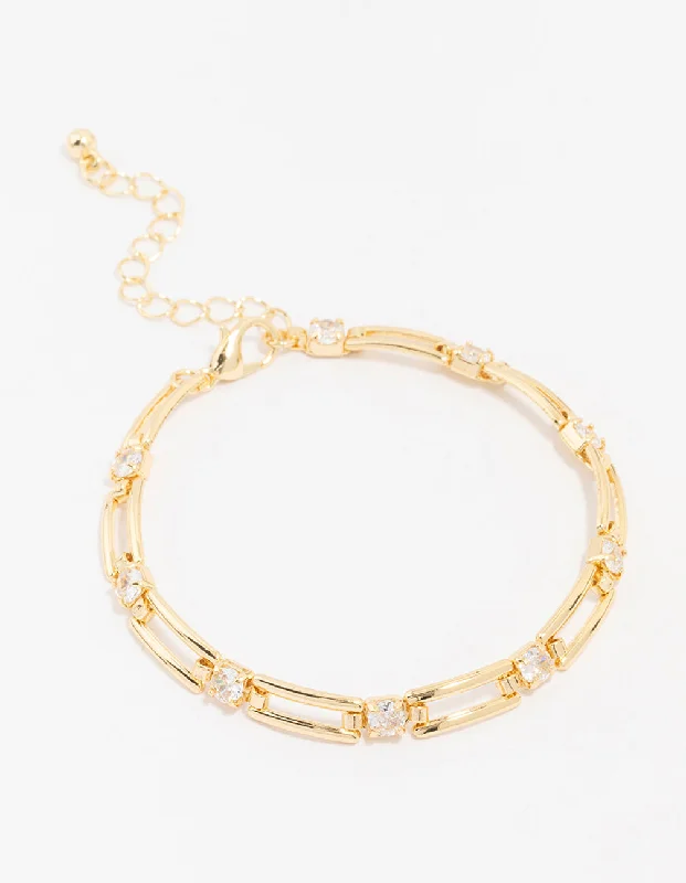 Gold bracelets with delicate diamond charm accents -Gold Plated Rectangular Square Cubic Zirconia Bracelet