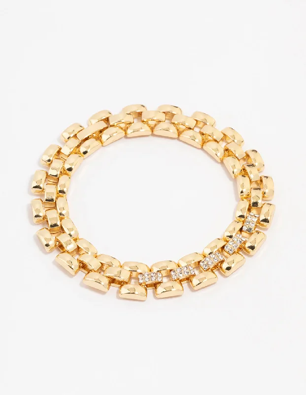 Bangles with pave-set diamonds for dazzle -Gold Plated Square Link Pave Chain Bracelet