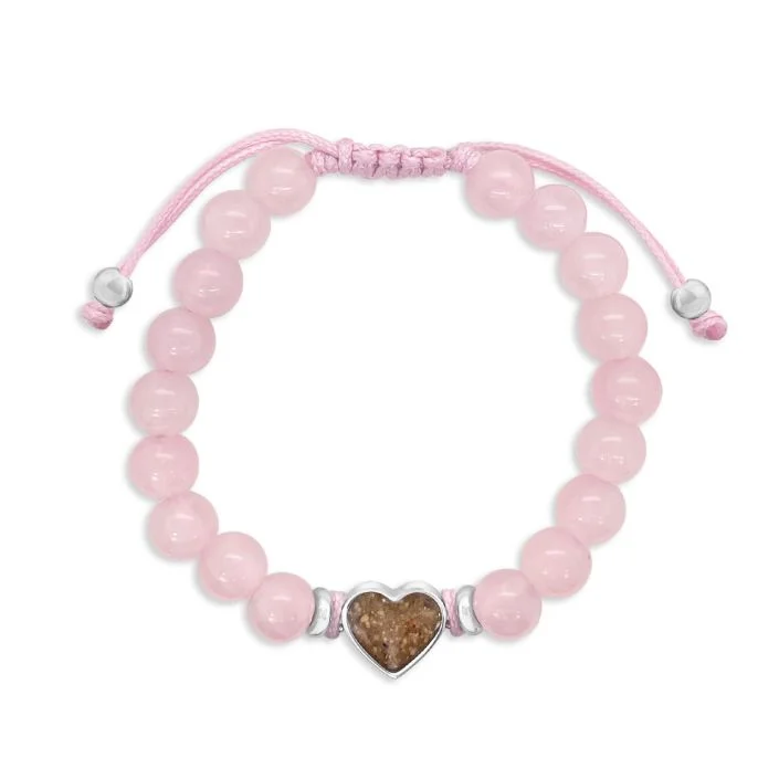 Bracelets with leather wrap for edgy look -Heart Beaded Bracelet Adjustable - Rose Quartz