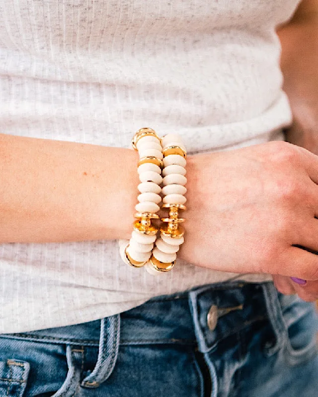 Bangles with floral peridot for green elegance -Cream Wooden Bead Bracelet Set FINAL SALE