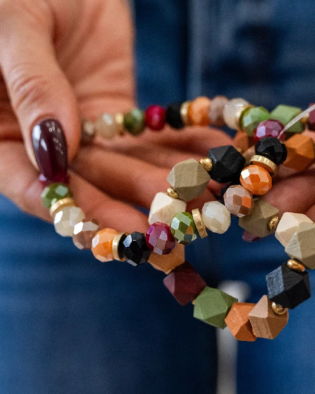 Bangles with claw-set tourmaline for vibrancy -Earthtone Wood and Glass Beaded Bracelet Set