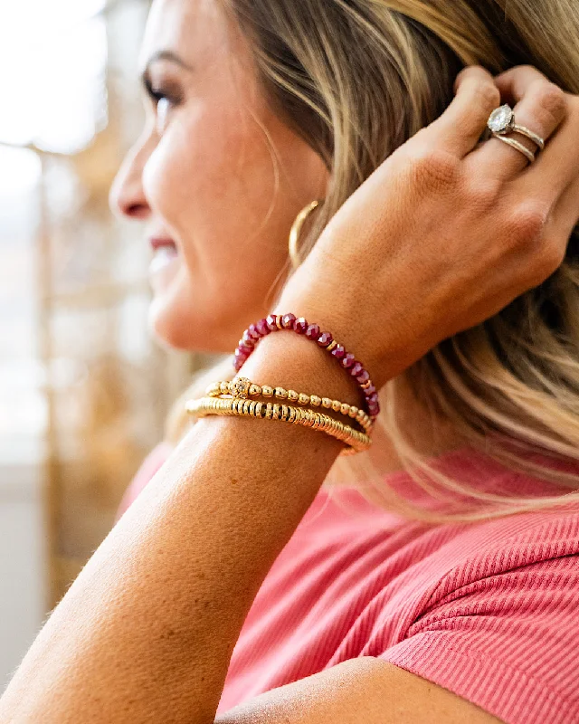 Bangles with tiger eye bands for warmth -Gold and Wine Beaded Bracelet Set