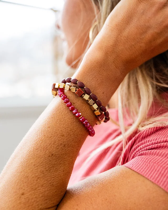 Bracelets with leather wrap for edgy look -Gold and Wine Beaded Bracelet Set