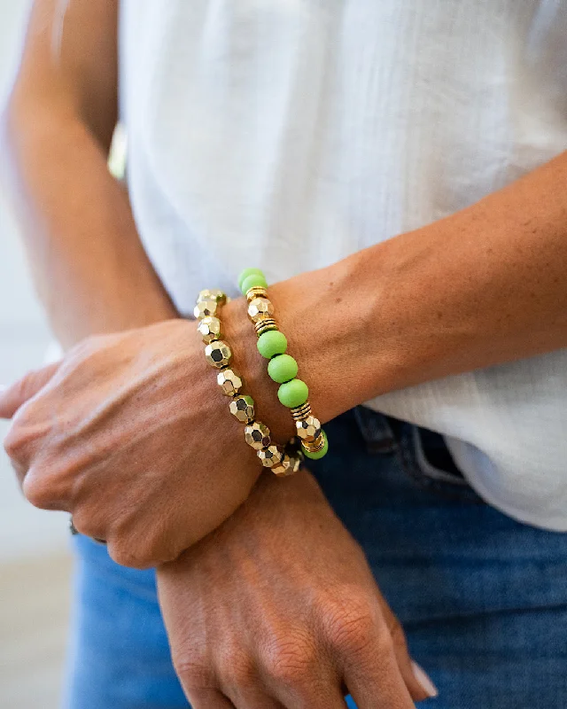 Bangles with bold hematite for metallic shine -Wooden Green and Gold Bracelet Set