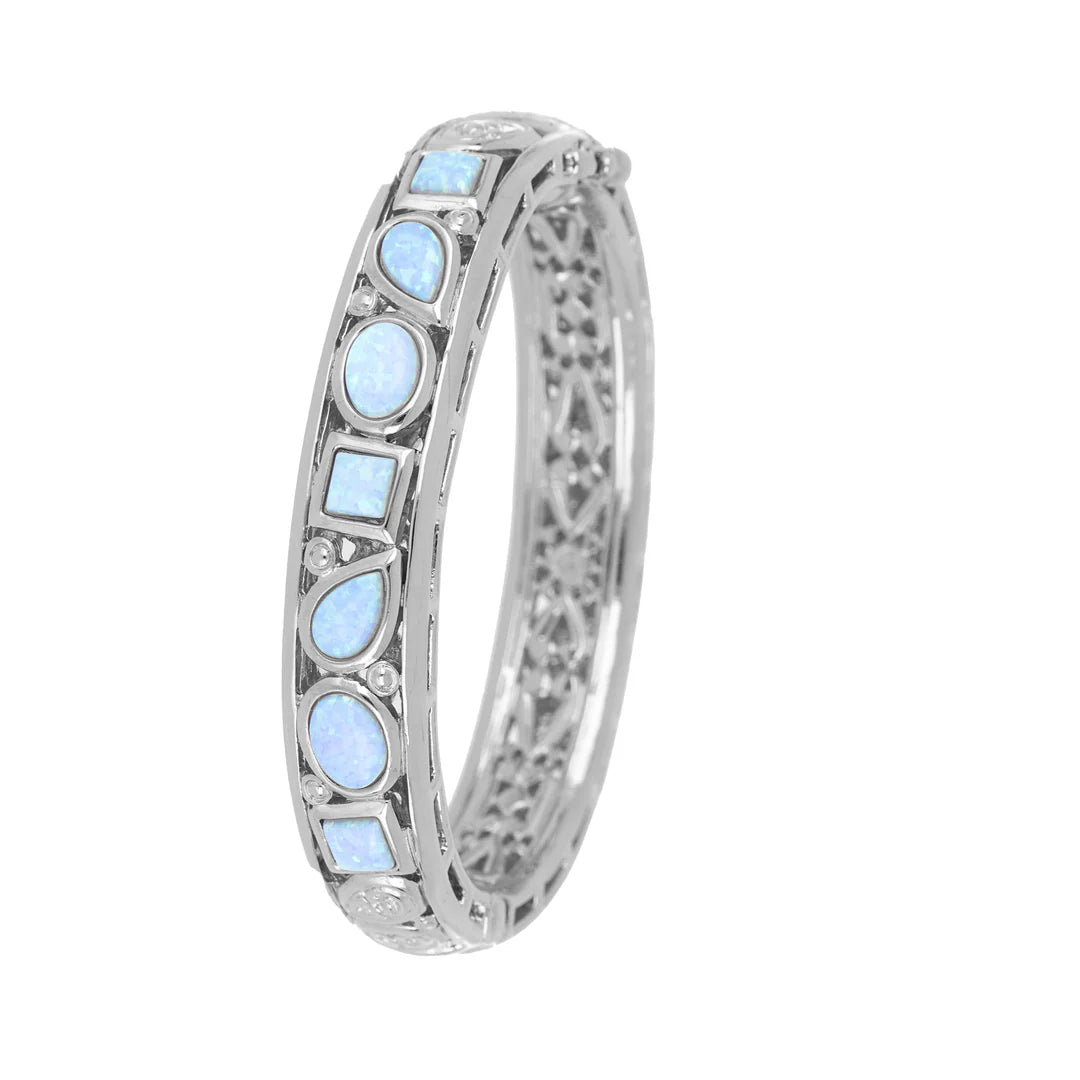 Bangles with personalized initial charm engravings -Opalas do Mar Opal 7 Blue Opal Hinged Bracelet Silver