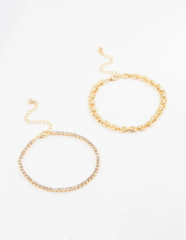 Bangles with polished onyx for bold sleekness -Gold Plated Link Chain & Tennis Bracelet Pack