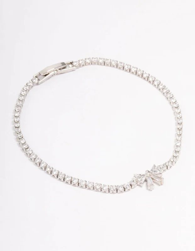 Bracelets with branch patterns for nature flair -Rhodium Cubic Zirconia Round Bow Tennis Bracelet