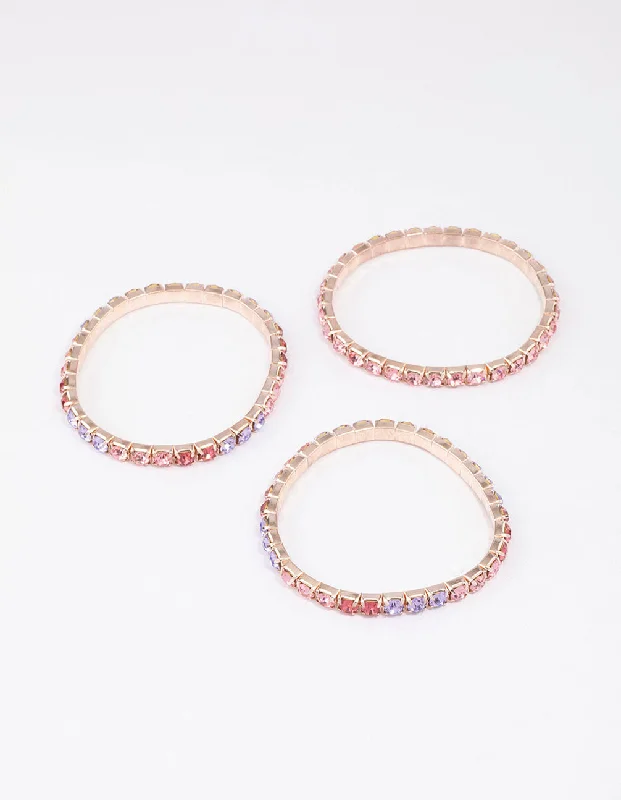 Bracelets with matte rose gold for subtlety -Rose Gold Diamante Stretch Bracelet 3-Pack