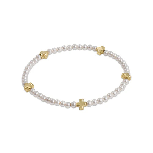 Bangles with interlocking links for uniqueness -Signature Cross Pearl Pattern 3mm Bead Bracelet - Gold